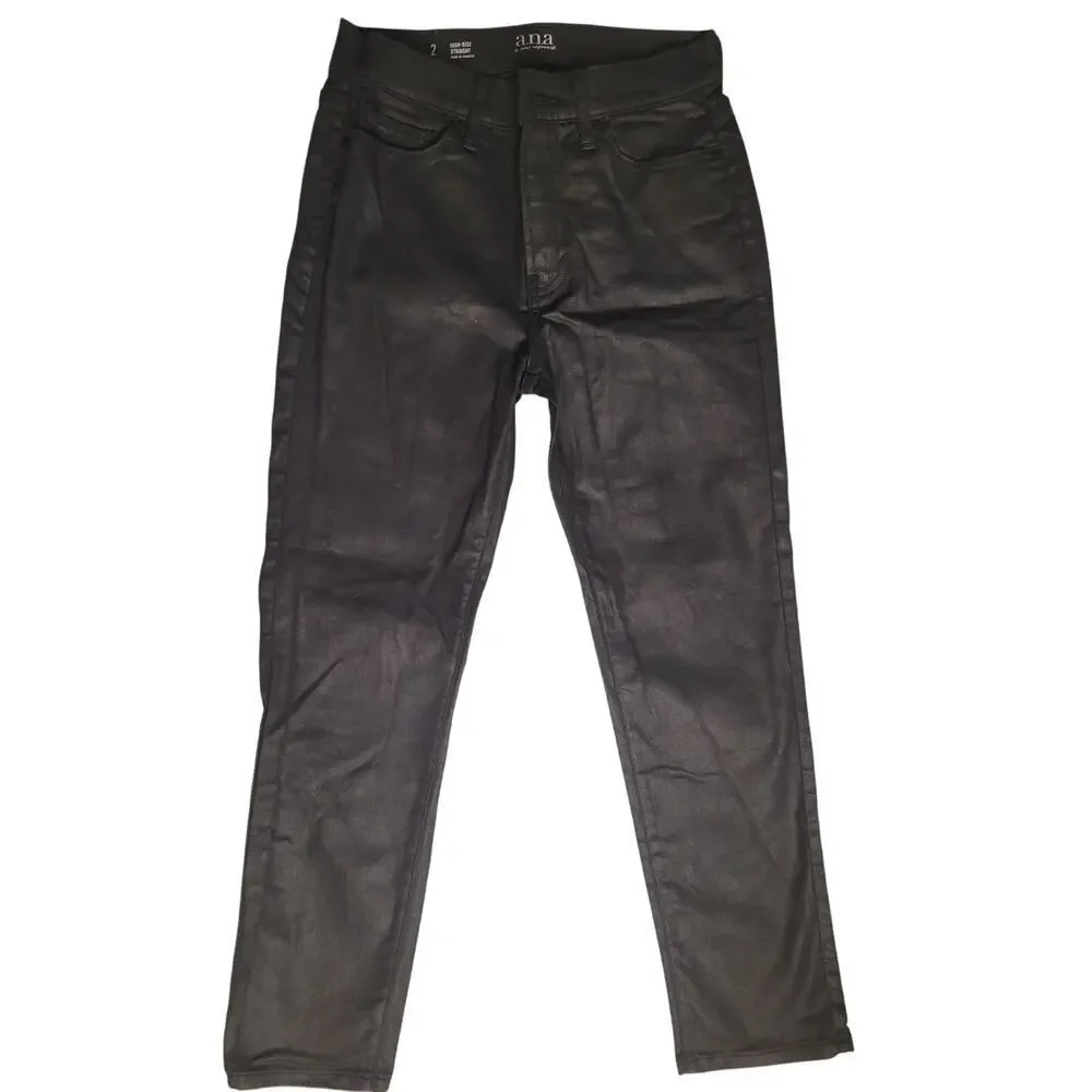 A.N.A. Jeans Women Leather Look Black High Rise Straight Sz 2